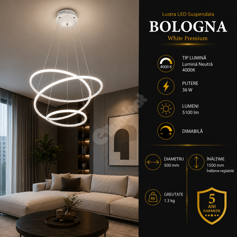 Lustra LED Suspendata Premium Bologna White Echivalent 500W | 4000K