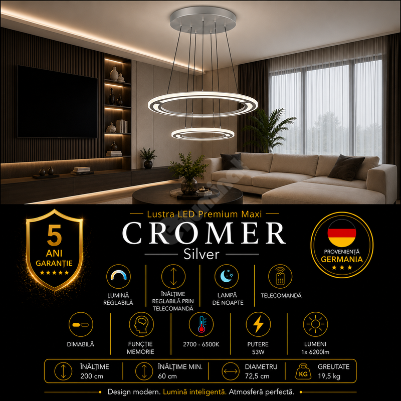 Lustra LED Suspendata Premium Cromer Silver - Inaltime Reglabila prin Telecomanda