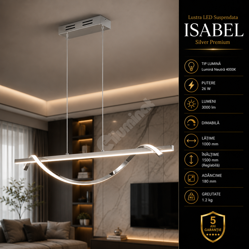 Lustra LED Suspendata Premium Isabel Silver Echivalent 300W | 4000K