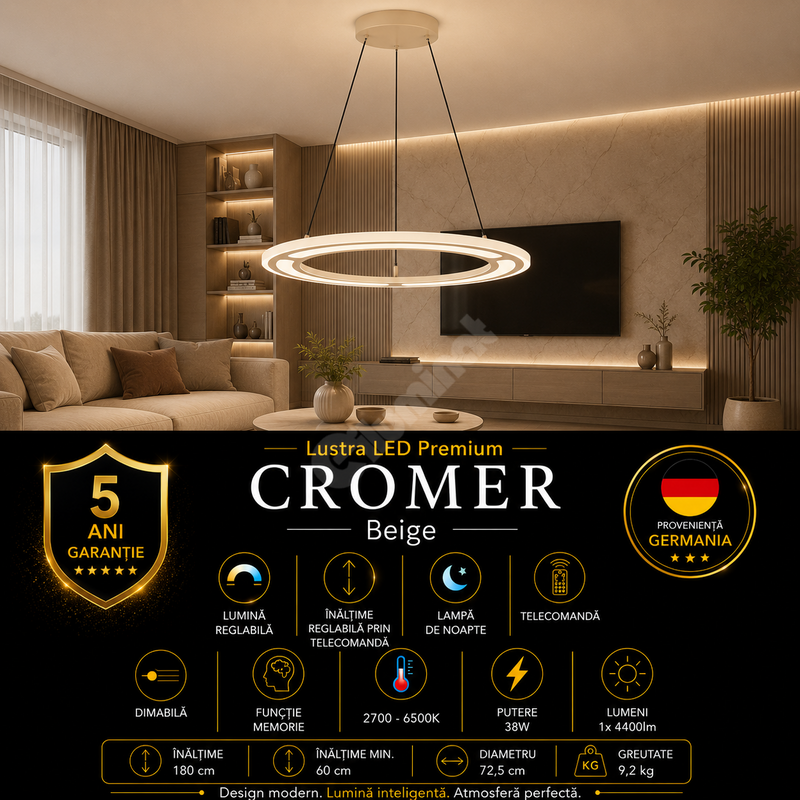 Lustra LED Suspendata Premium Mini Cromer Beige - Inaltime Reglabila prin Telecomanda