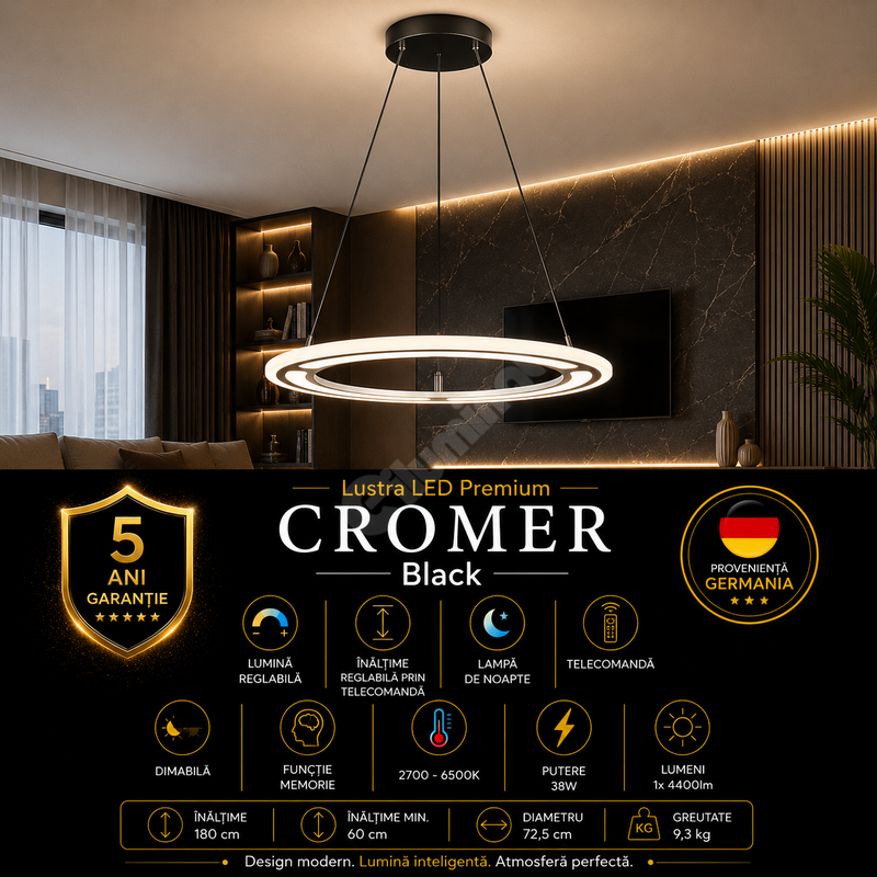 Lustra LED Suspendata Premium Mini Cromer Black - Inaltime Reglabila prin Telecomanda