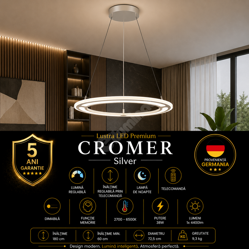 Lustra LED Suspendata Premium Mini Cromer Silver - Inaltime Reglabila prin Telecomanda