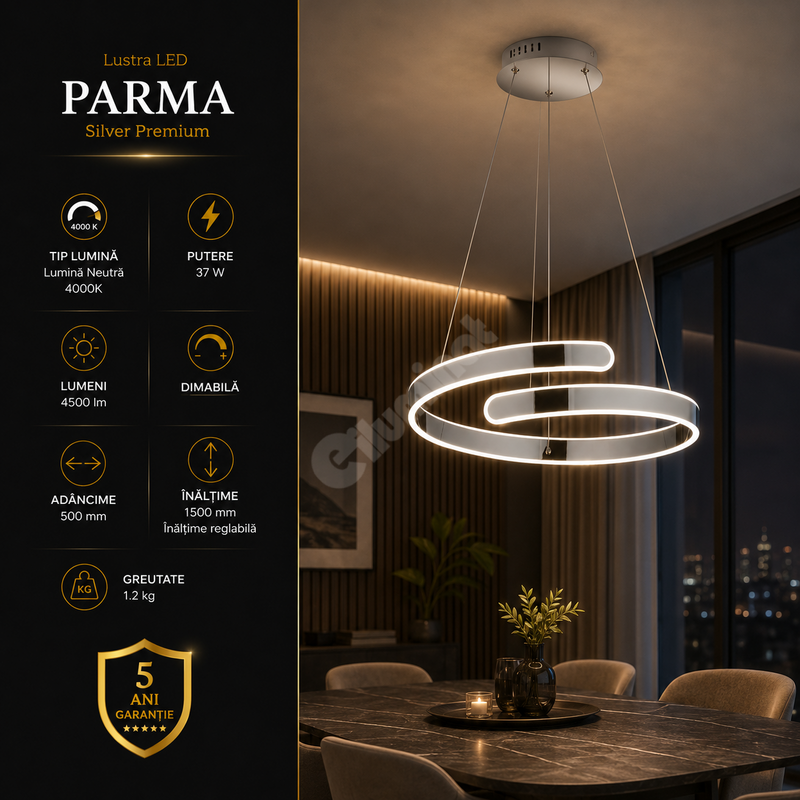 Lustra LED Suspendata Premium Parma Silver Echivalent 450W | 4000K