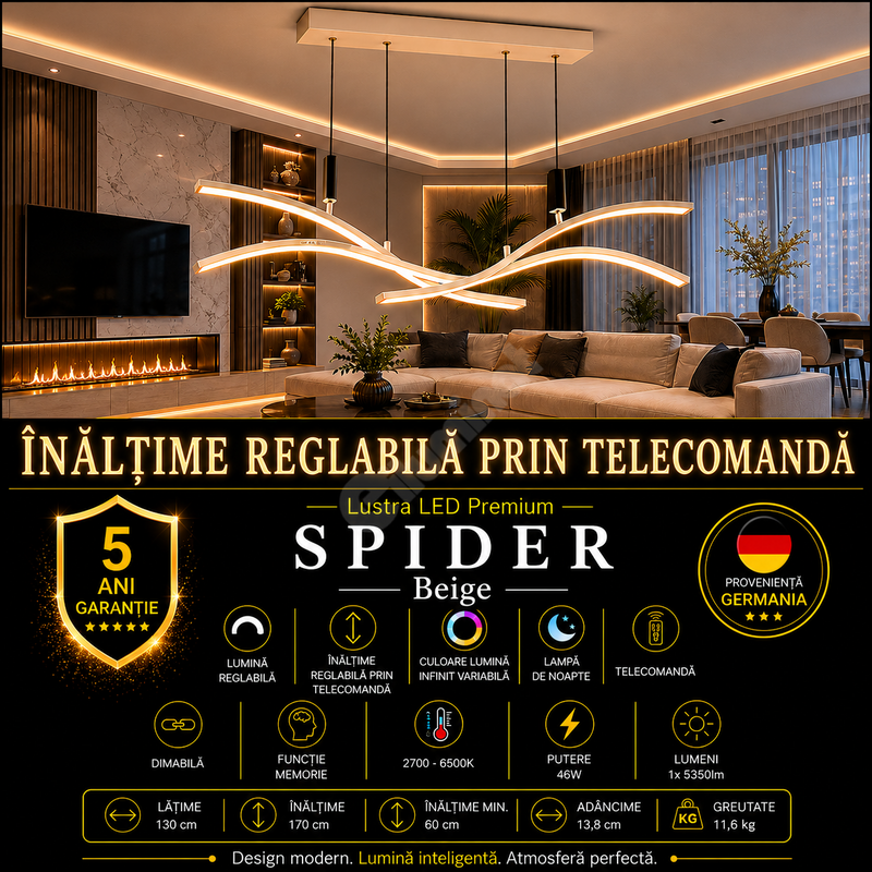 Lustra LED Suspendata Premium Spider Beige - Inaltime Reglabila prin Telecomanda