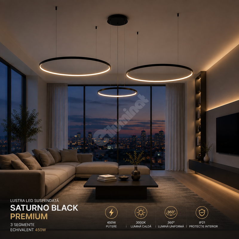 Lustra LED Suspendata Saturno Black Premium cu 3 Segmente Echivalent 450W