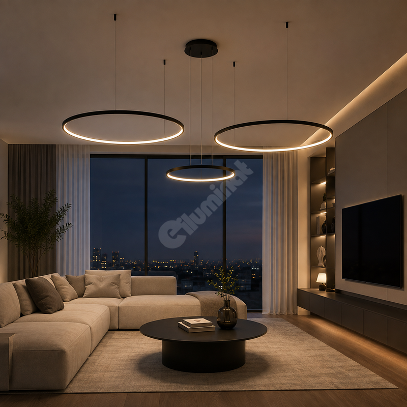 Lustra LED Suspendata Saturno Black Premium cu 3 Segmente Echivalent 450W