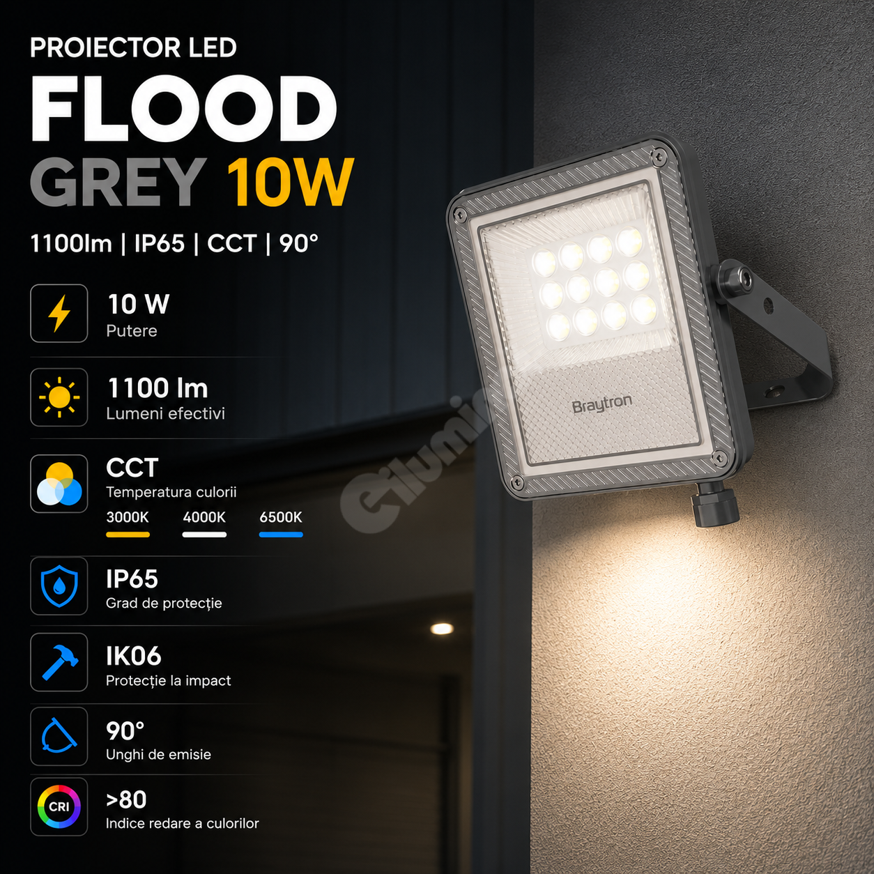 Grey Led Proiector LED FLOOD Grey 10W IP65 1100lm CCT
