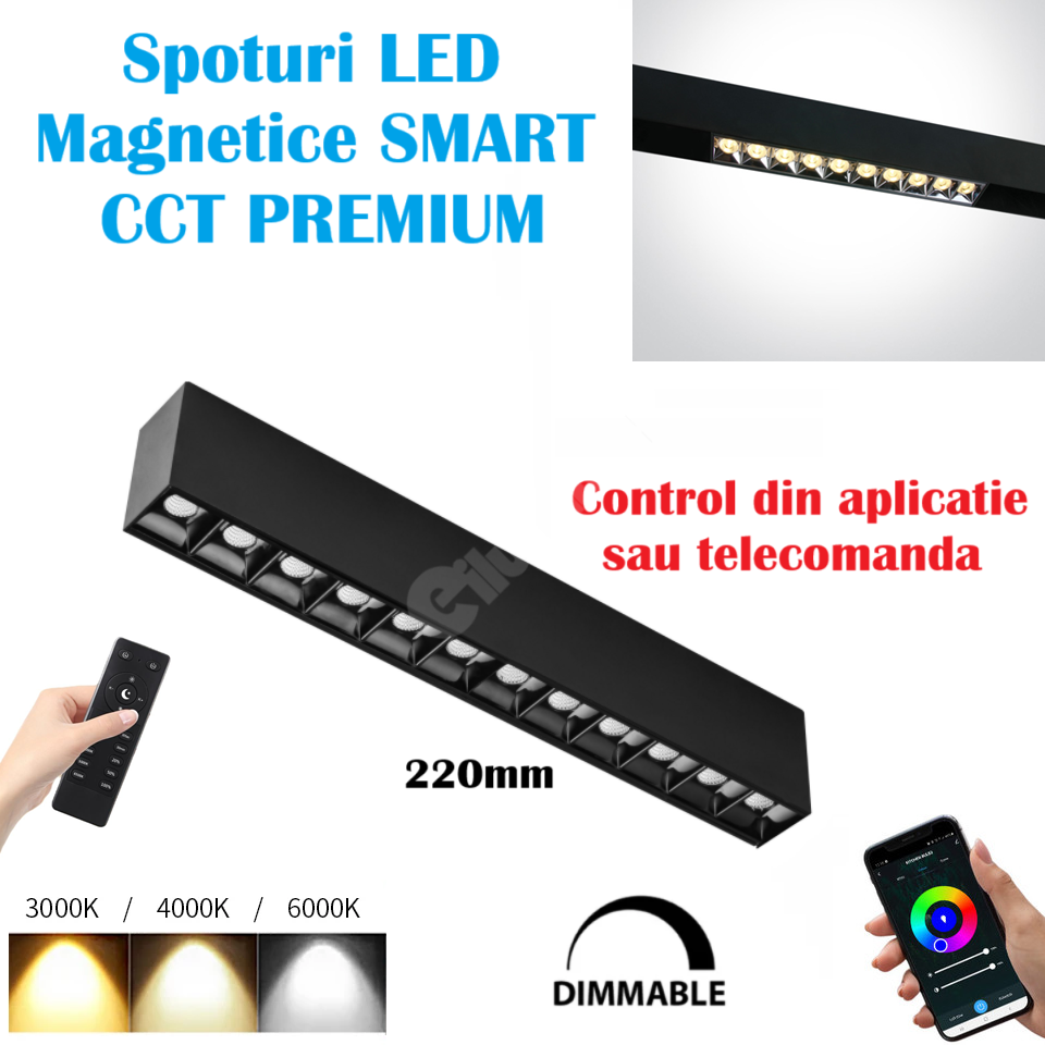 Spot LED 12W 22cm Magnetic Liniar SMART CCT Negru Telecomanda