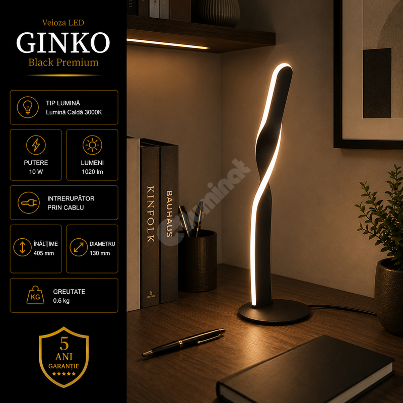 Veioza LED Premium Ginko Black 10W | 41CM | 3000K