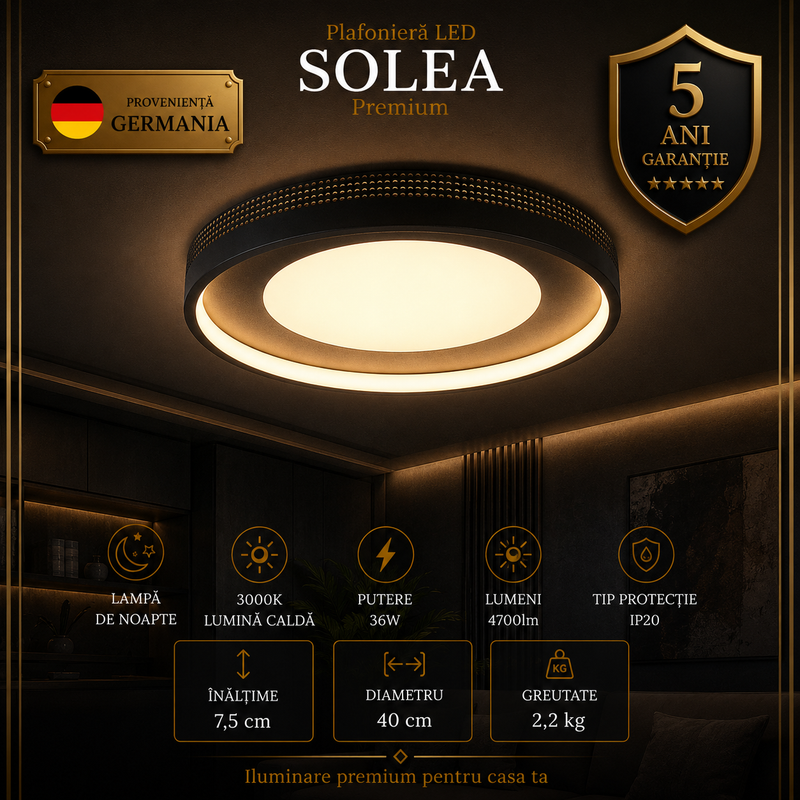 Plafoniera LED Premium Solea Black & Gold Ø40CM Echivalent 450W