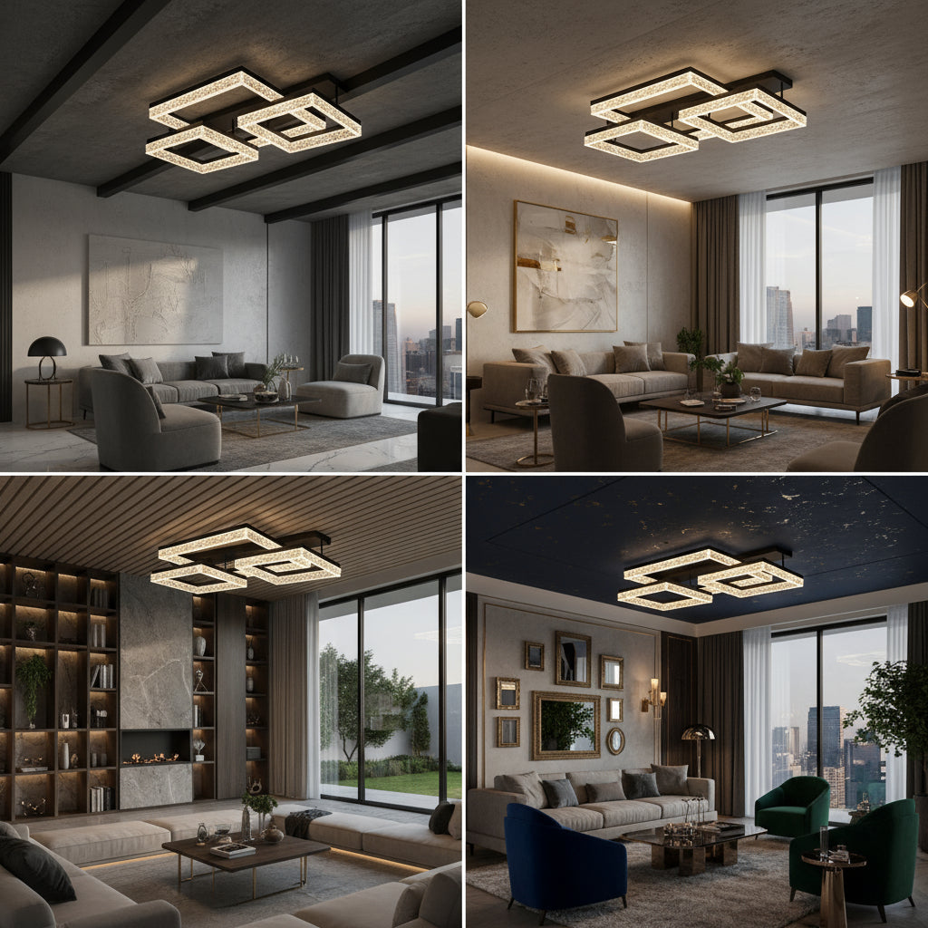 Lustra LED Three Square SAARI Black Echivalent 500W Telecomanda