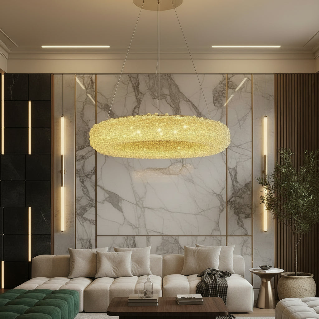 Lustra LED Suspendata ENZO Golden Sponge Cristal Echivalent 300W