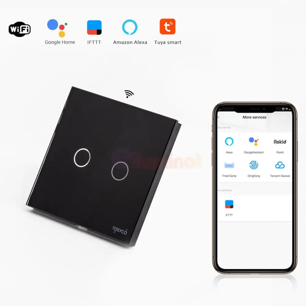Intrerupator Dublu Wifi Cu Touch Din Sticla Neagra