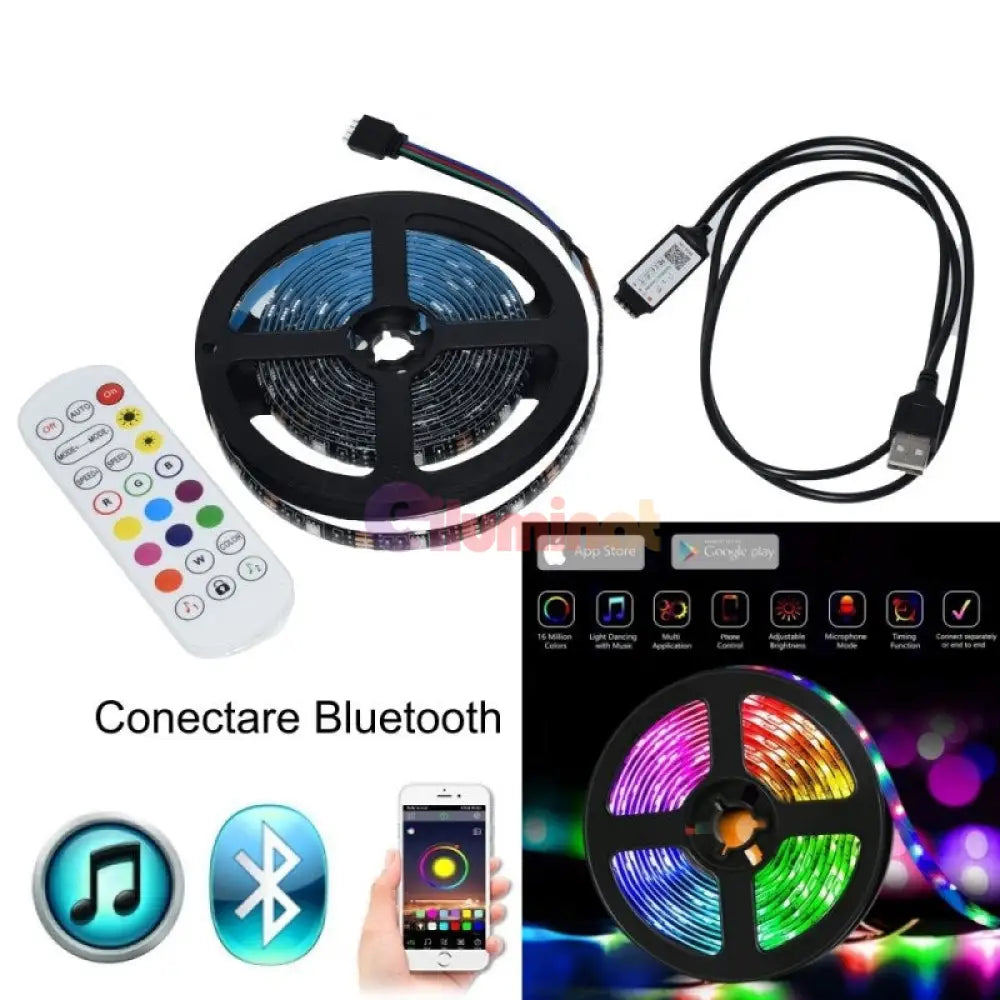 Kit Banda Led Rgb 12V Ip65 Smart 3 Metri Usb Tv Telecomanda Rf Strips