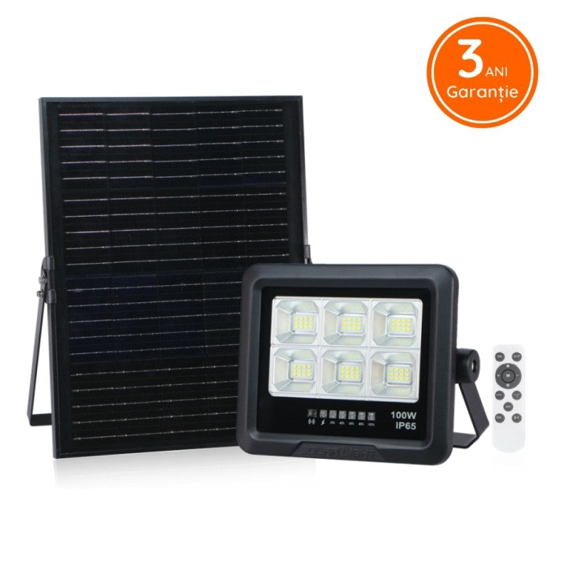 Proiector Led 100W Premium Cu Panou Solar Monocristaline Plus Telecomanda Led Flood Light