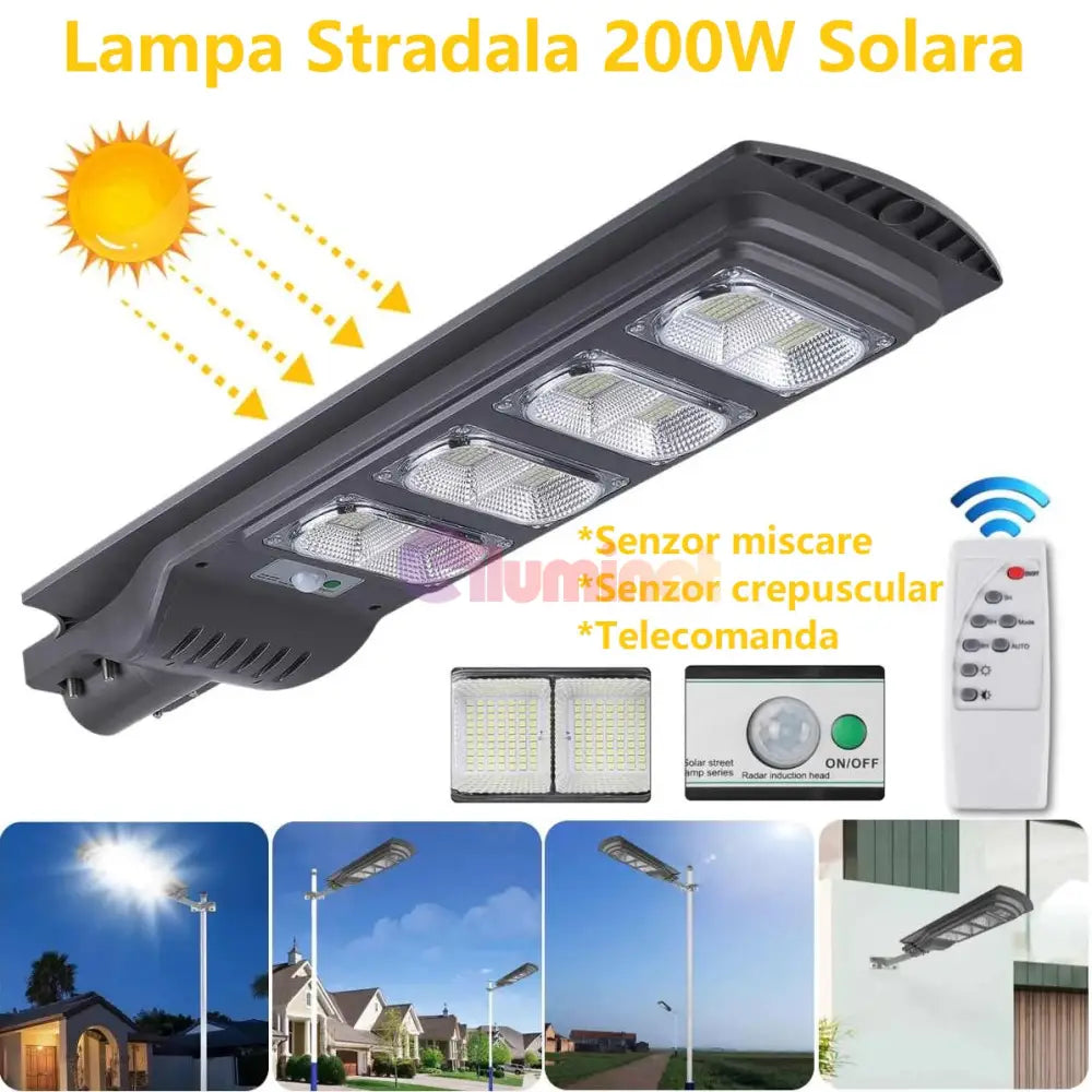 Lampa Led 200W Solara Slim Senzor Miscare + Telecomanda Street Light