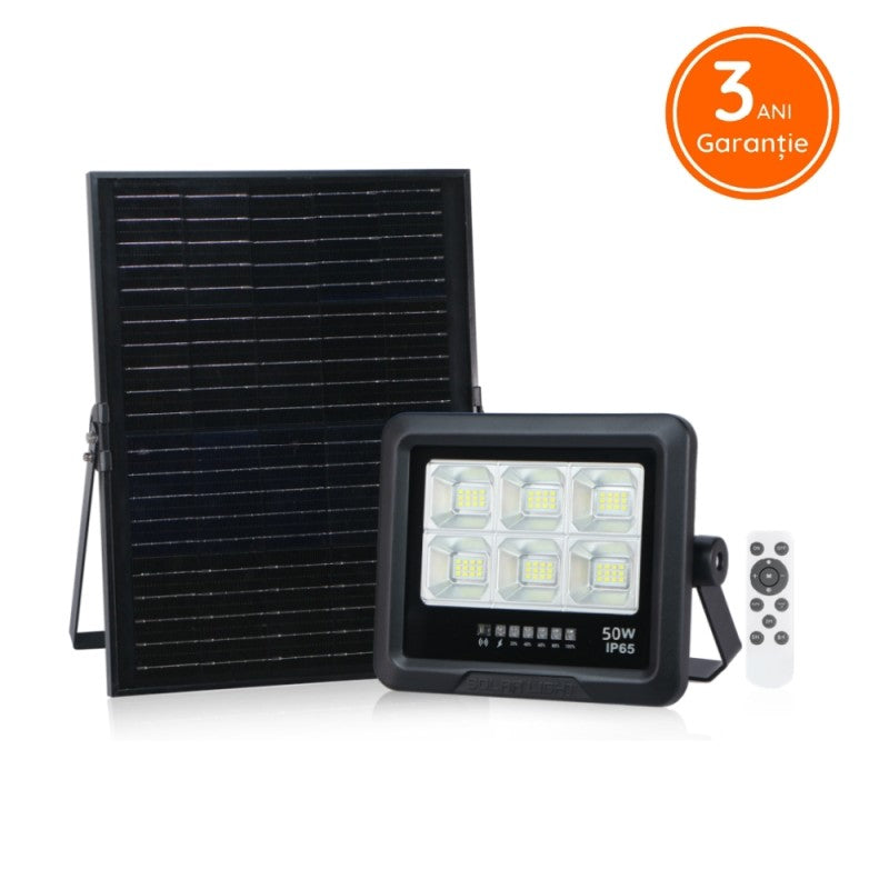 Proiector Led 50W Premium Cu Panou Solar Monocristaline Plus Telecomanda Led Flood Light