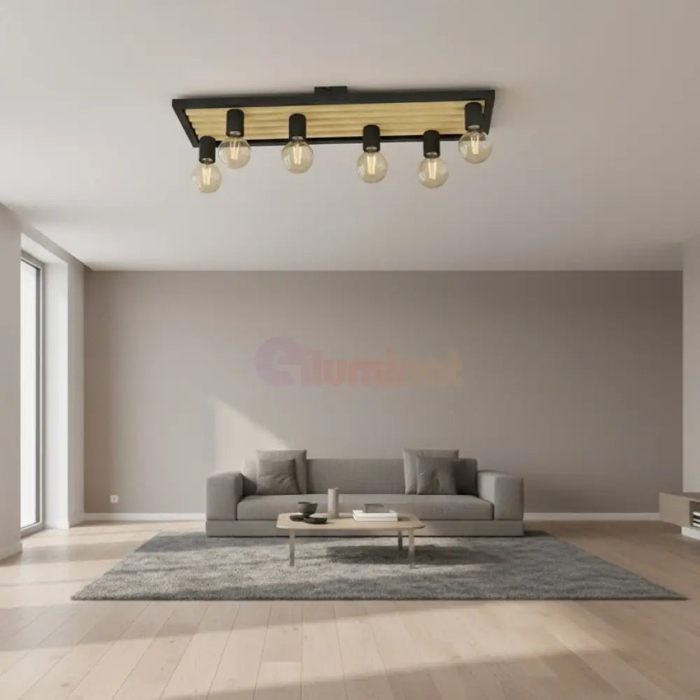 Lustra CONSETT Black & Wood 6xE27 Eglo Lighting Fixtures