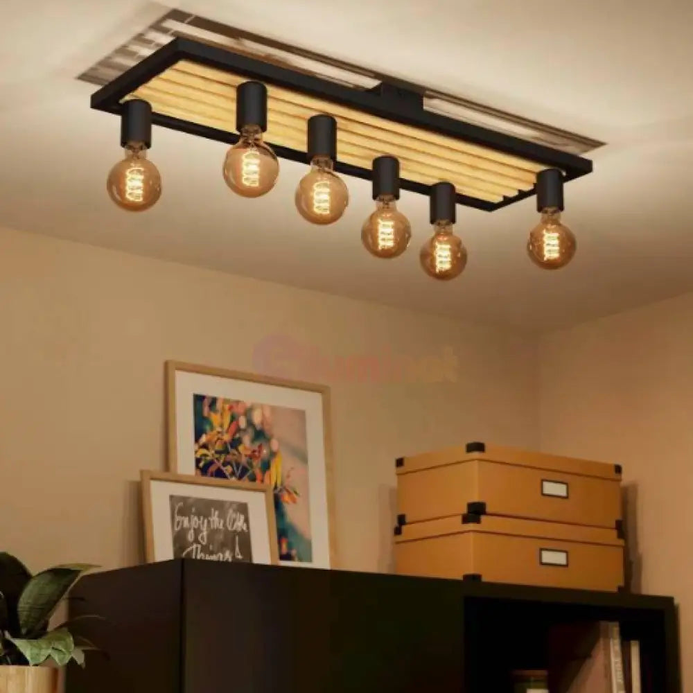 Lustra CONSETT Black & Wood 6xE27 Eglo Lighting Fixtures