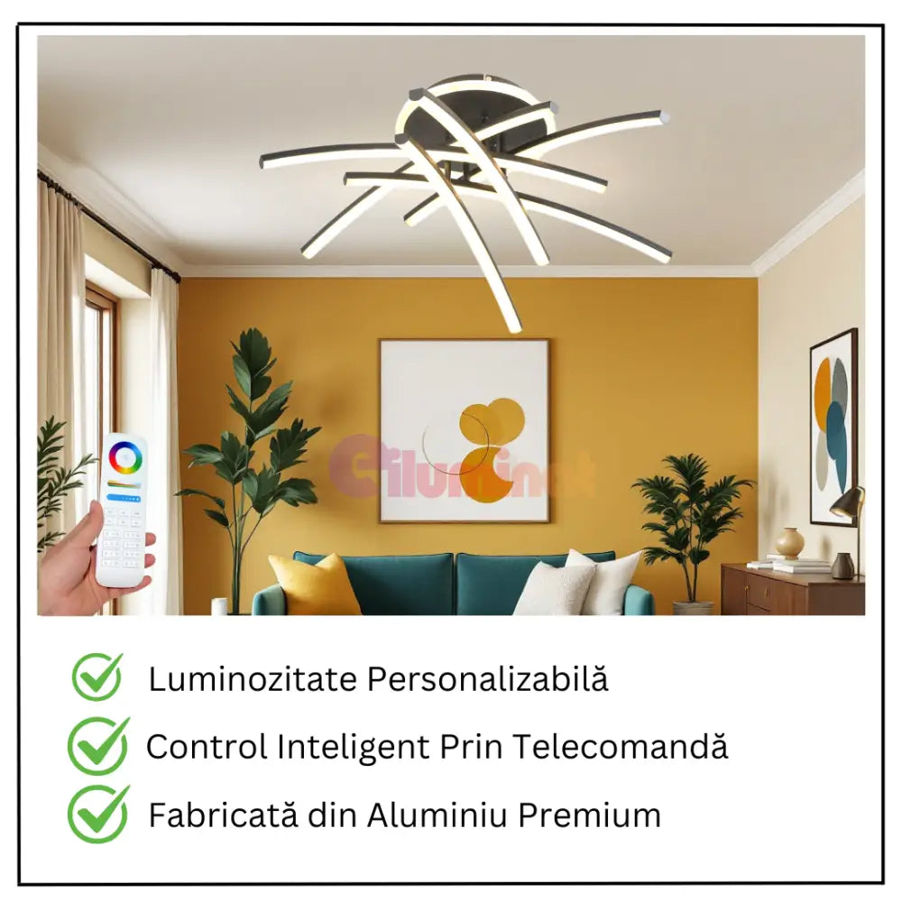 Lustra LED 4 Modern LINES Black Echivalent 400W Telecomanda 7023-6C NEAGRA / 69CM / MINIMALIST DESIGN Lighting Fixtures