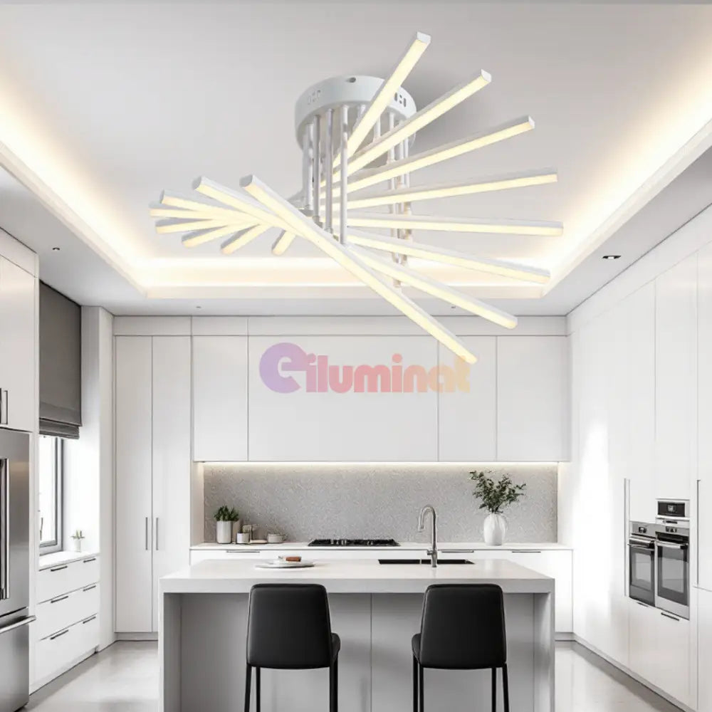 Lustra LED 8 Modern LINES White Echivalent 400W Telecomanda 7020-8C ALBA / 58CM / MINIMALIST DESIGN Lighting Fixtures