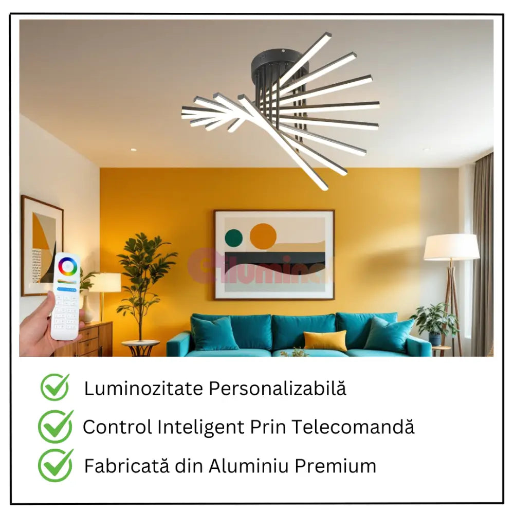 Lustra LED 8 Modern LINES Black Echivalent 400W Telecomanda 7020-8C NEAGRA / 58CM / MINIMALIST DESIGN Lighting Fixtures