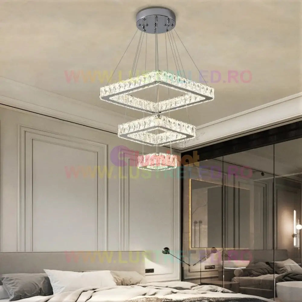 Lustra Led 140W Cristal 3 Segmente Patrate Telecomanda Chandeliers Crystal