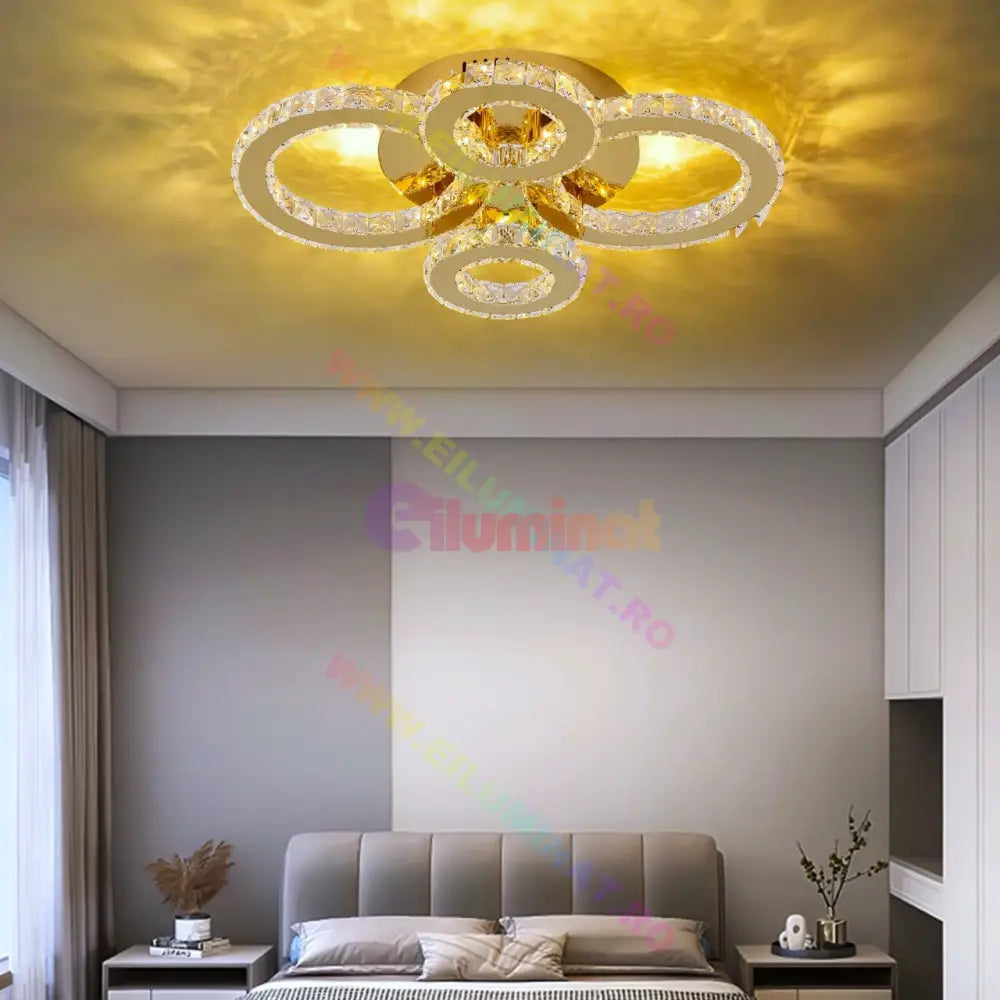 Lustra Led 2 + 2 Circle Gold Cristal Telecomanda Echivalent 400W Chandeliers Crystal