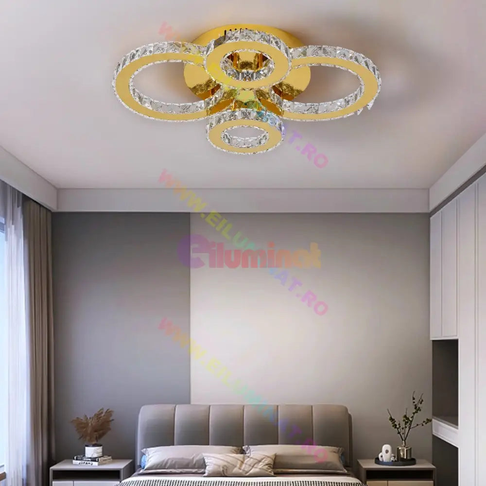 Lustra Led 2 + 2 Circle Gold Cristal Telecomanda Echivalent 400W Chandeliers Crystal