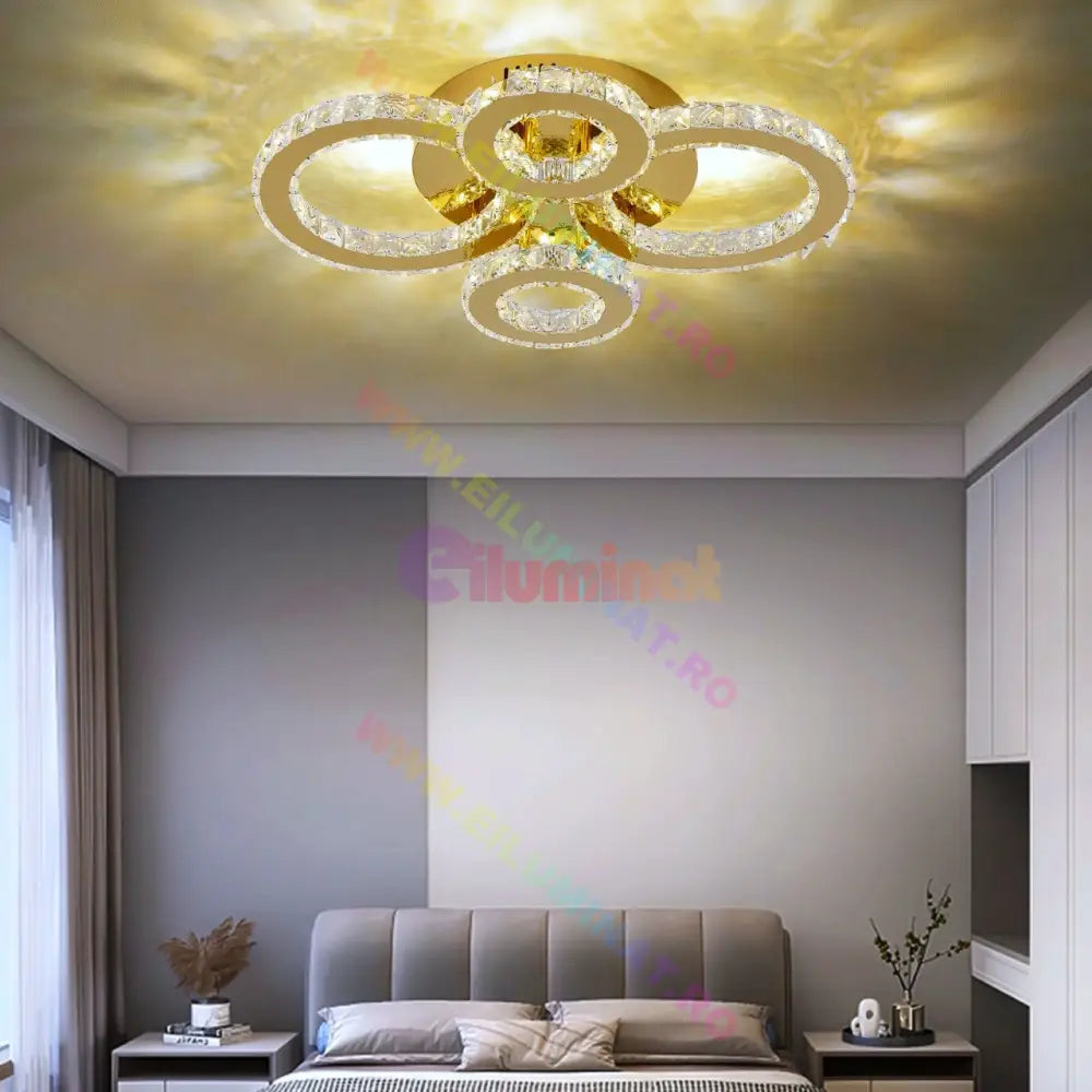 Lustra Led 2 + 2 Circle Gold Cristal Telecomanda Echivalent 400W Chandeliers Crystal