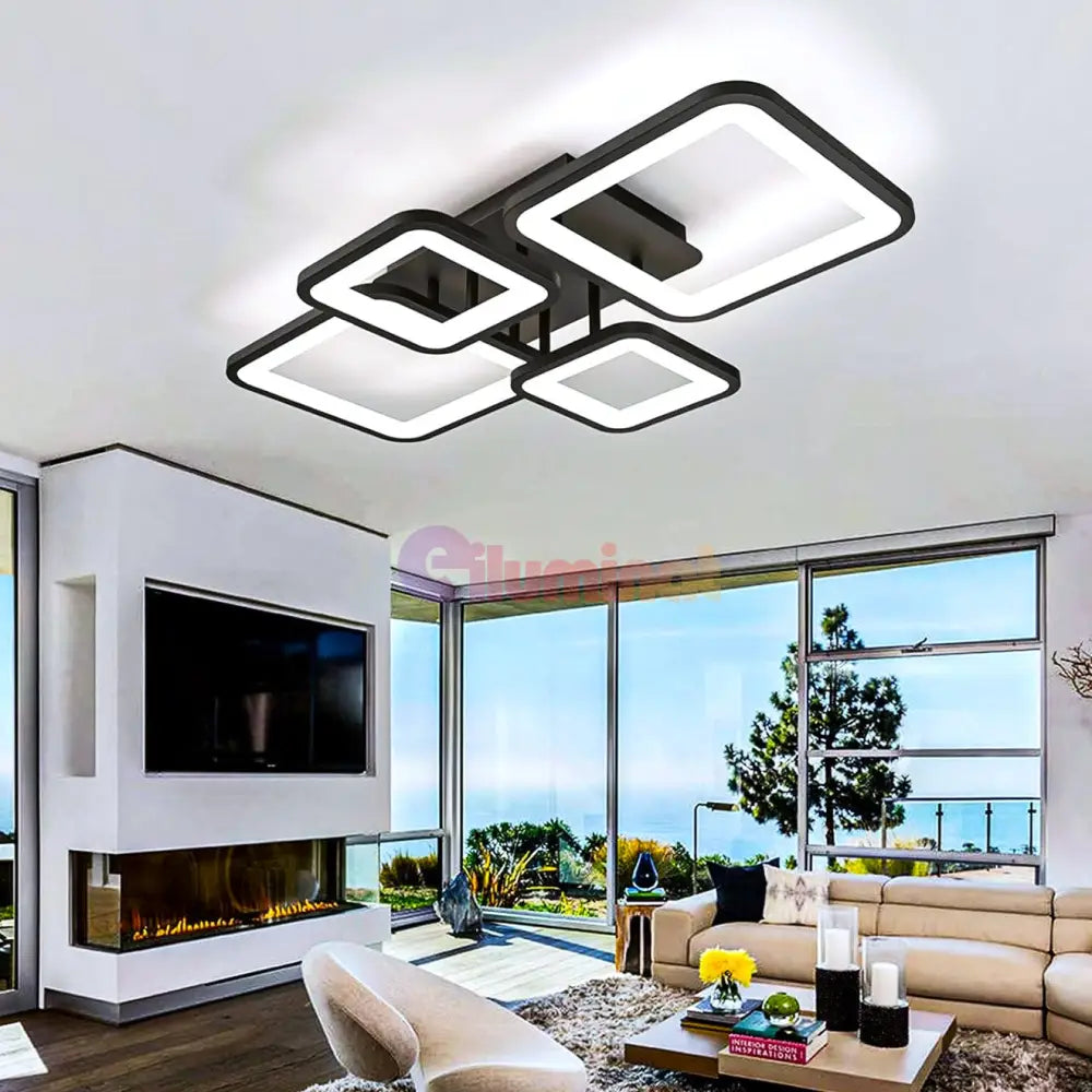 Lustra Led 2 + 2 Square Black Telecomanda Echivalent 500W Lighting Fixtures