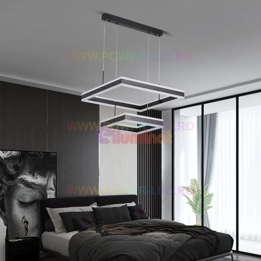 Lustra Led 256W Cassandra Square Black 2 Segmente Telecomanda Chandeliers