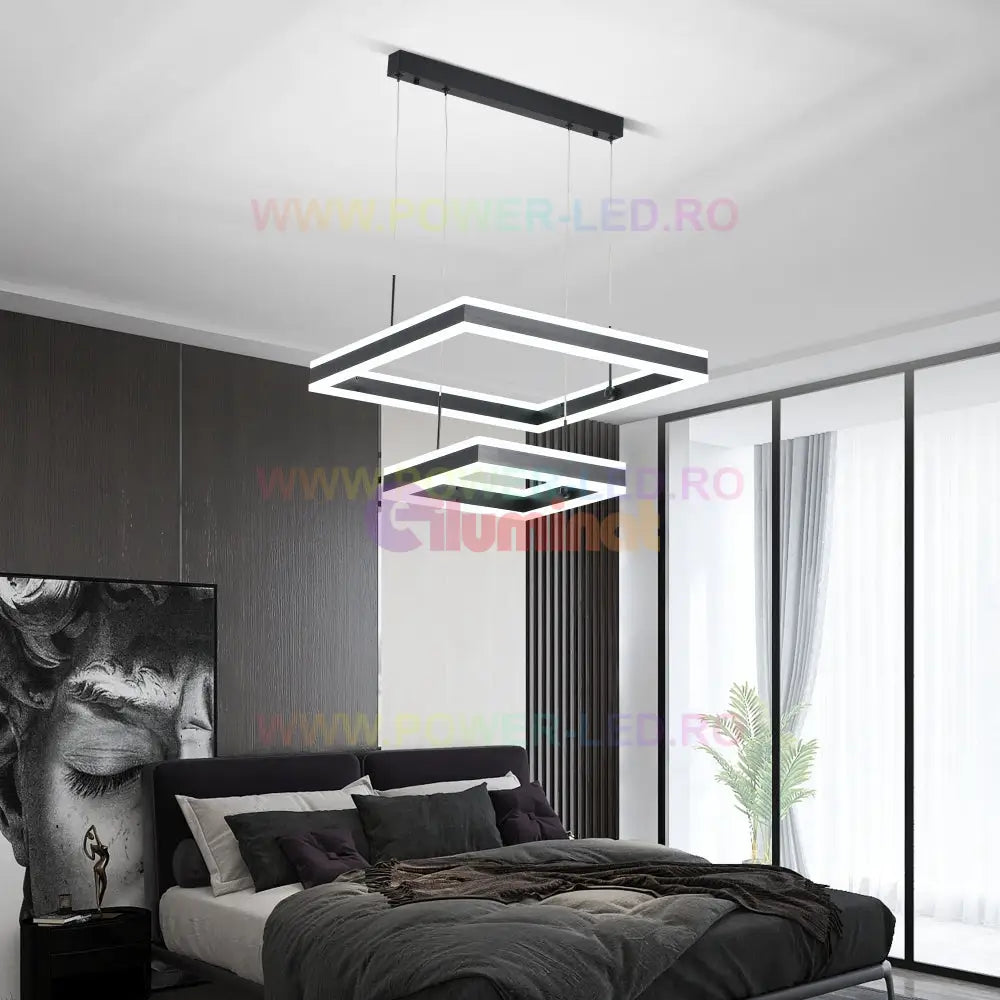 Lustra Led 256W Cassandra Square Black 2 Segmente Telecomanda Chandeliers