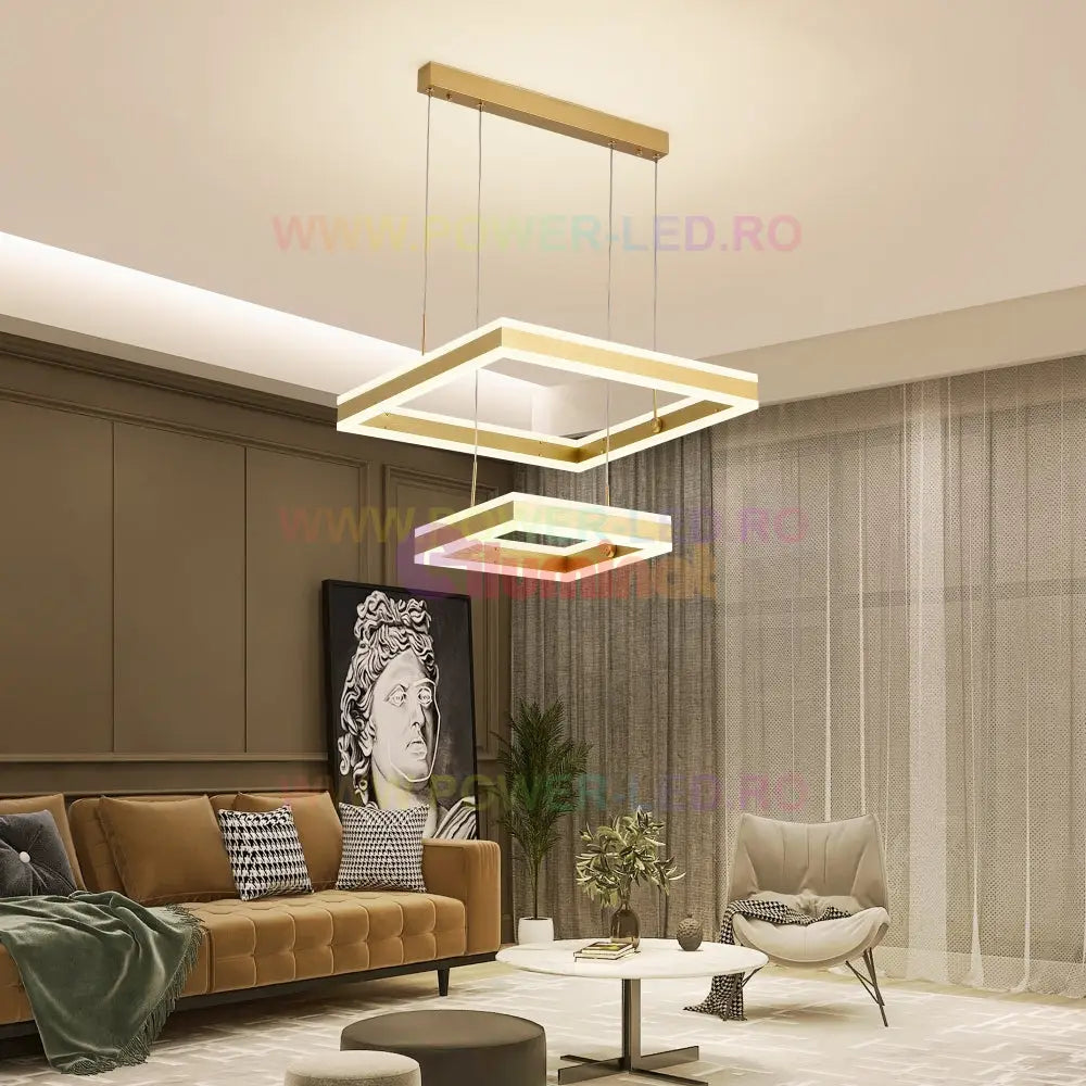 Lustra Led 256W Cassandra Square Gold 2 Segmente Telecomanda Lighting Fixtures