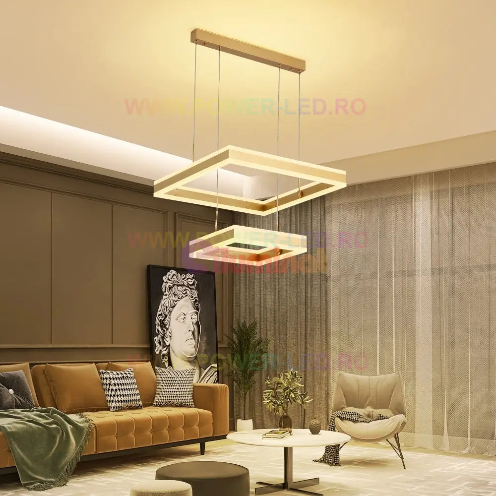 Lustra Led 256W Cassandra Square Gold 2 Segmente Telecomanda Lighting Fixtures