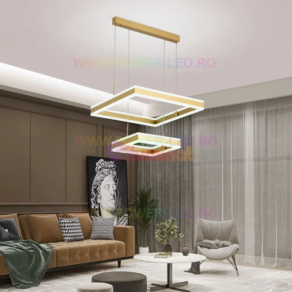 Lustra Led 256W Cassandra Square Gold 2 Segmente Telecomanda Lighting Fixtures