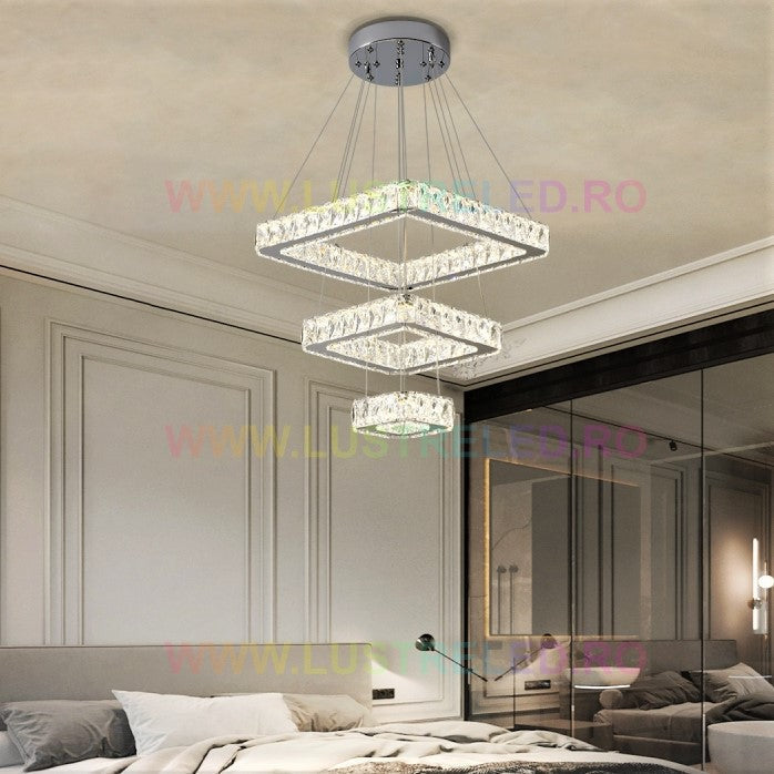 Lustra Led 140W Cristal 3 Segmente Patrate Telecomanda Chandeliers Crystal