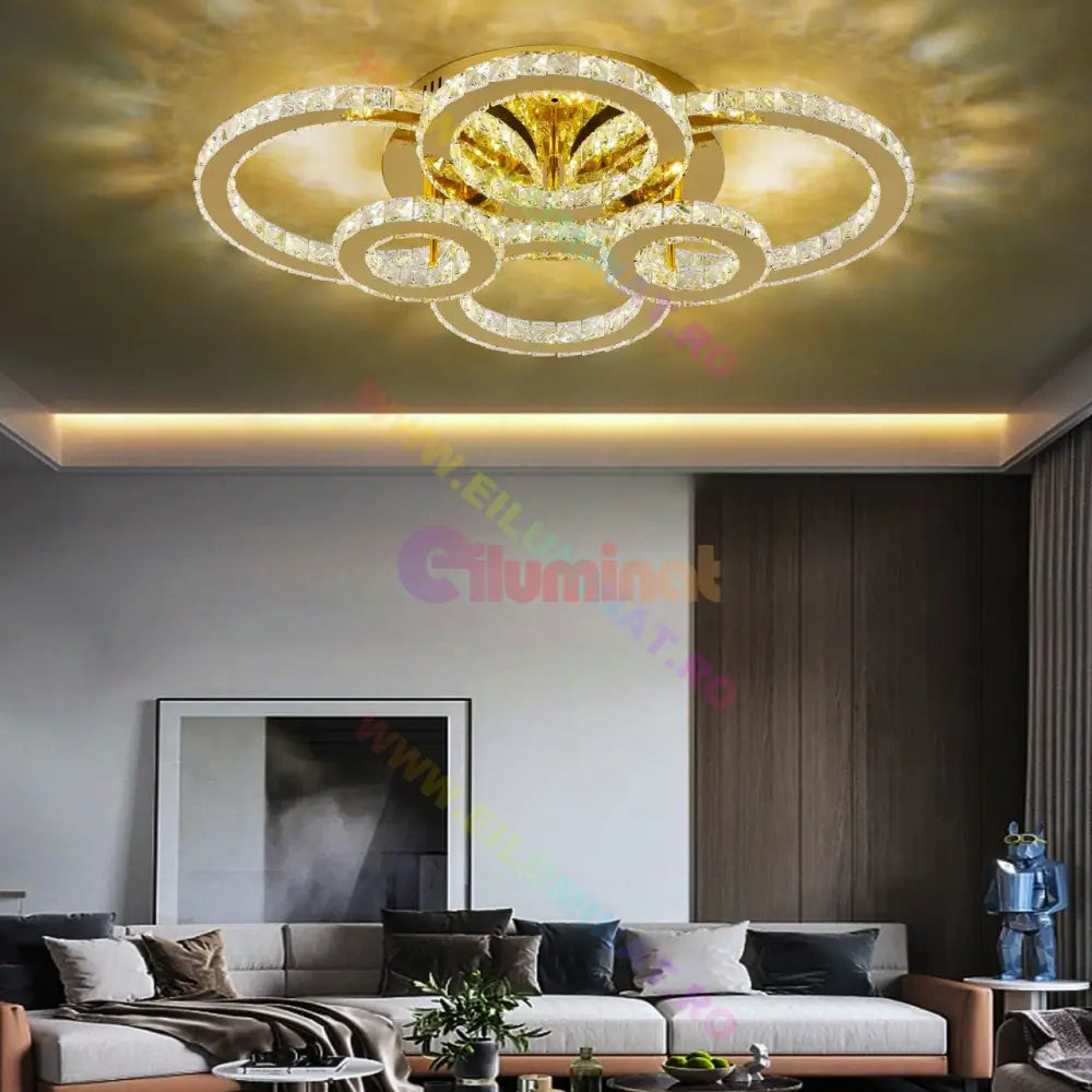 Lustra Led 4 + 2 Circle Gold Cristal Telecomanda Echivalent 800W Chandeliers Crystal