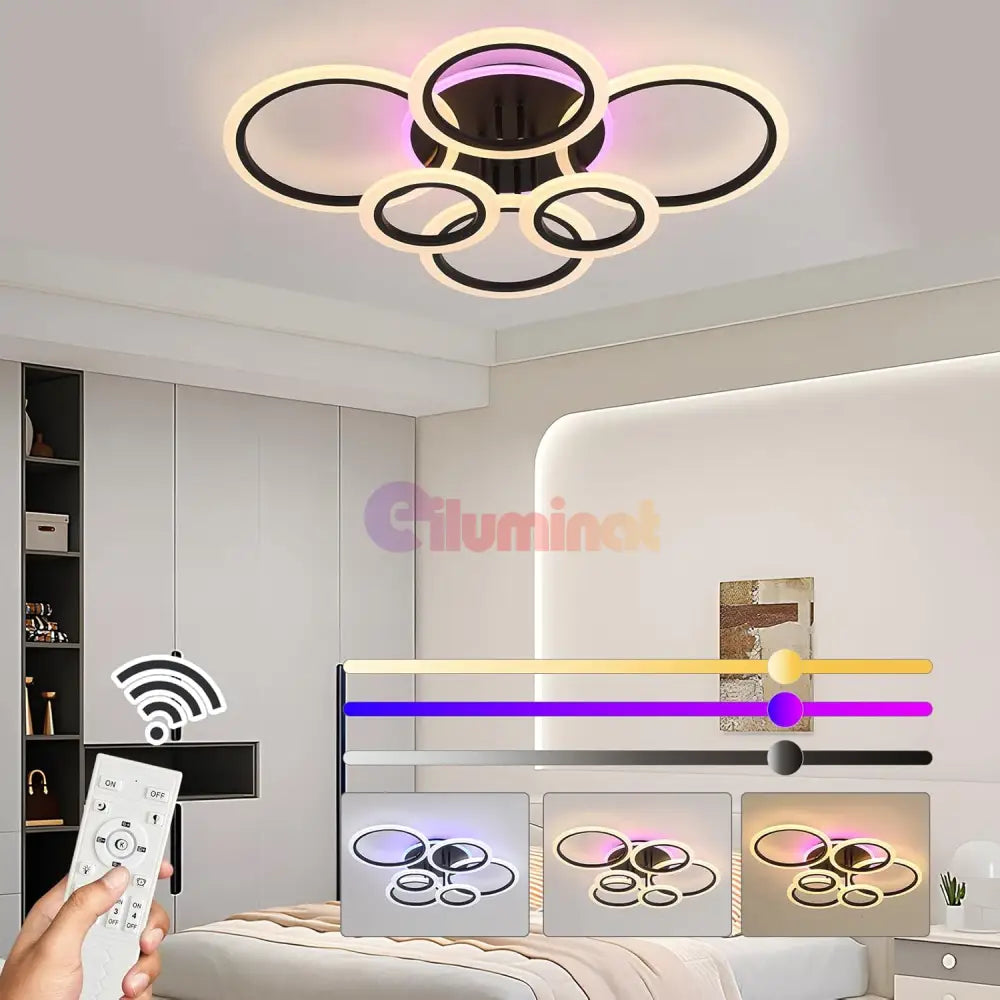 Lustra Led 4 + 2 Circle Rgb Black Echivalent 600W Telecomanda Lighting Fixtures