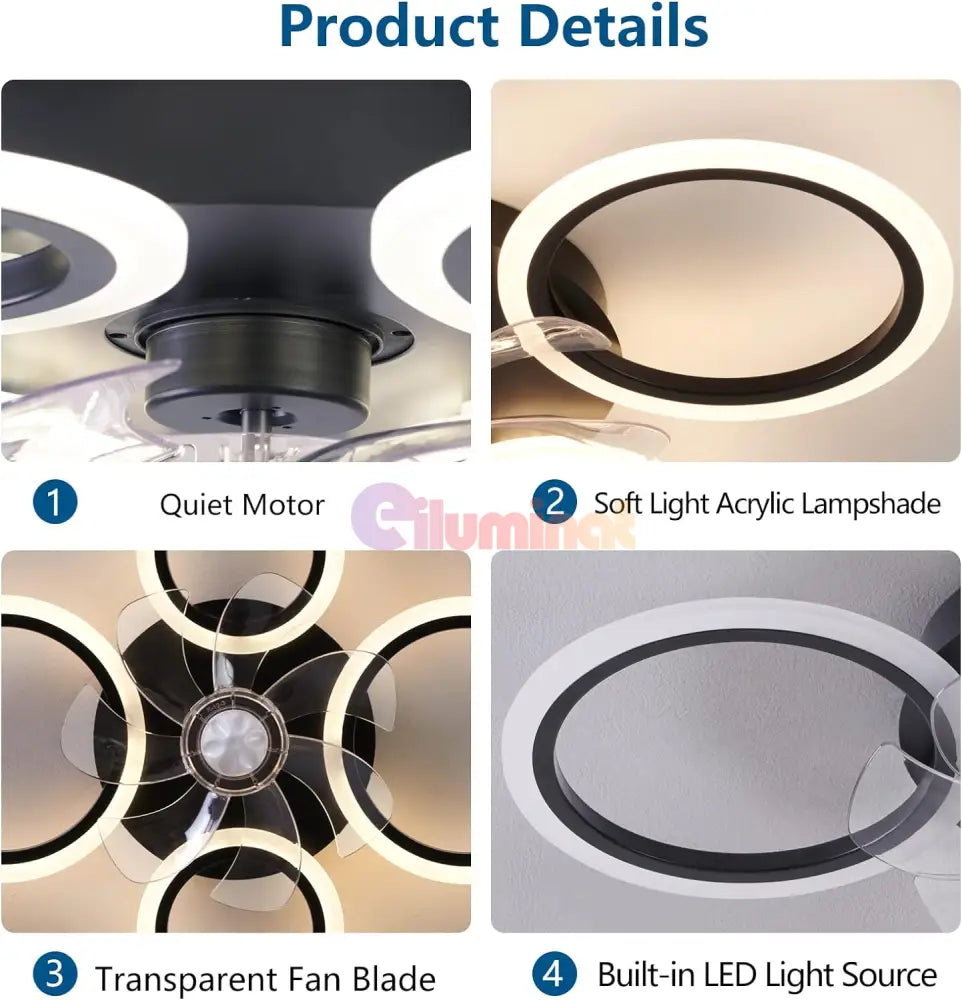 Lustra Led 4 Circle Black Ventilator Si Telecomanda Echivalent 400W Lighting Fixtures