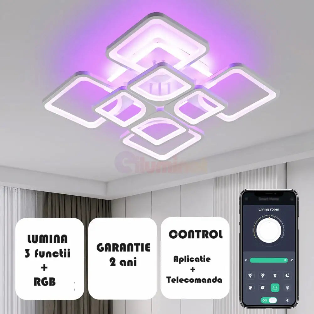 Lustra Led 240W 4 + 4 Square Gigant Rgb Echivalent 1000W Telecomanda Lighting Fixtures