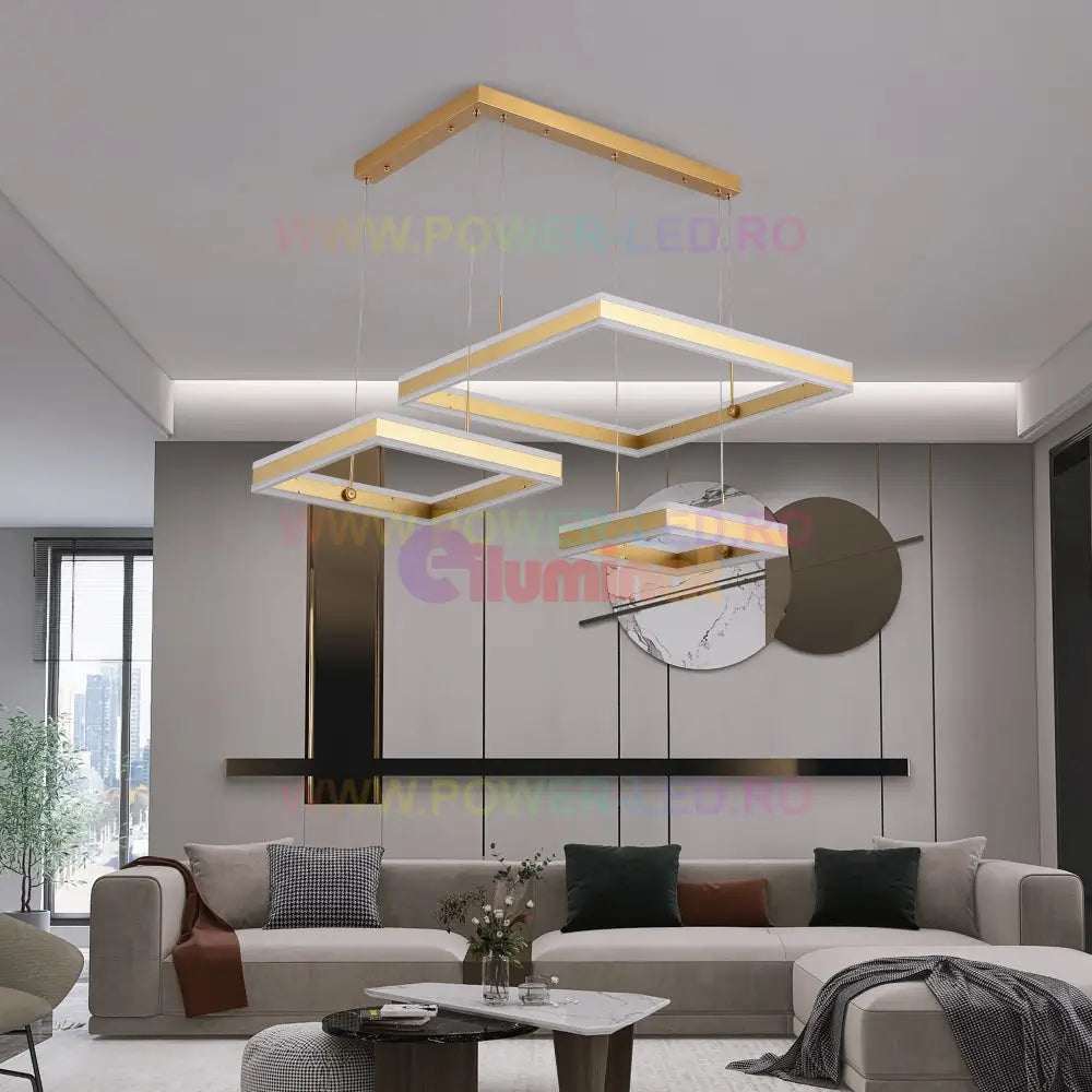 Lustra Led 416W Cassandra Square Gold 3 Segmente Telecomanda Lighting Fixtures