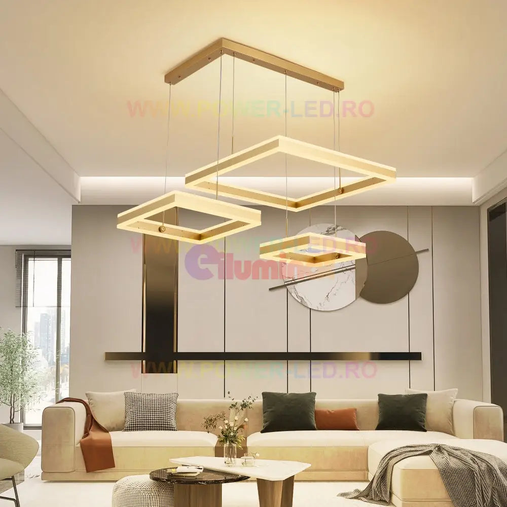 Lustra Led 416W Cassandra Square Gold 3 Segmente Telecomanda Lighting Fixtures