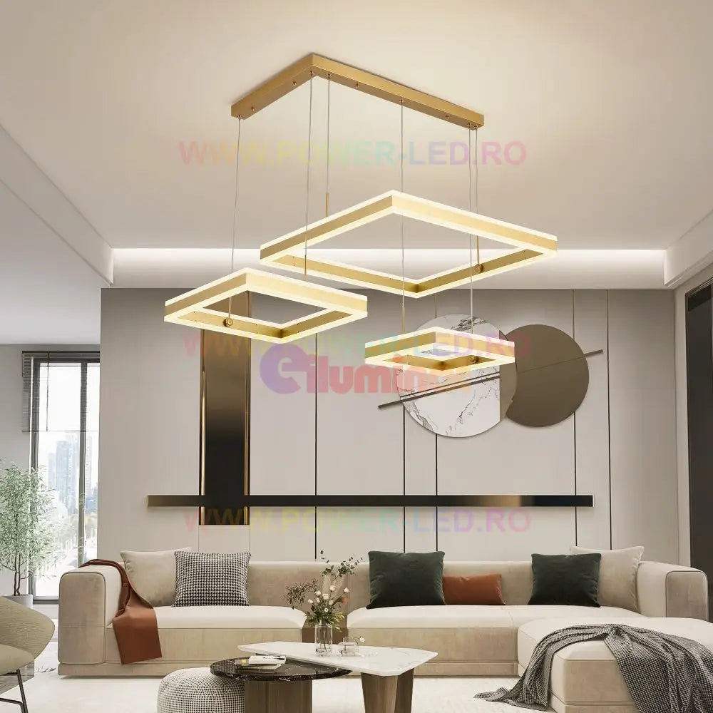 Lustra Led 416W Cassandra Square Gold 3 Segmente Telecomanda Lighting Fixtures