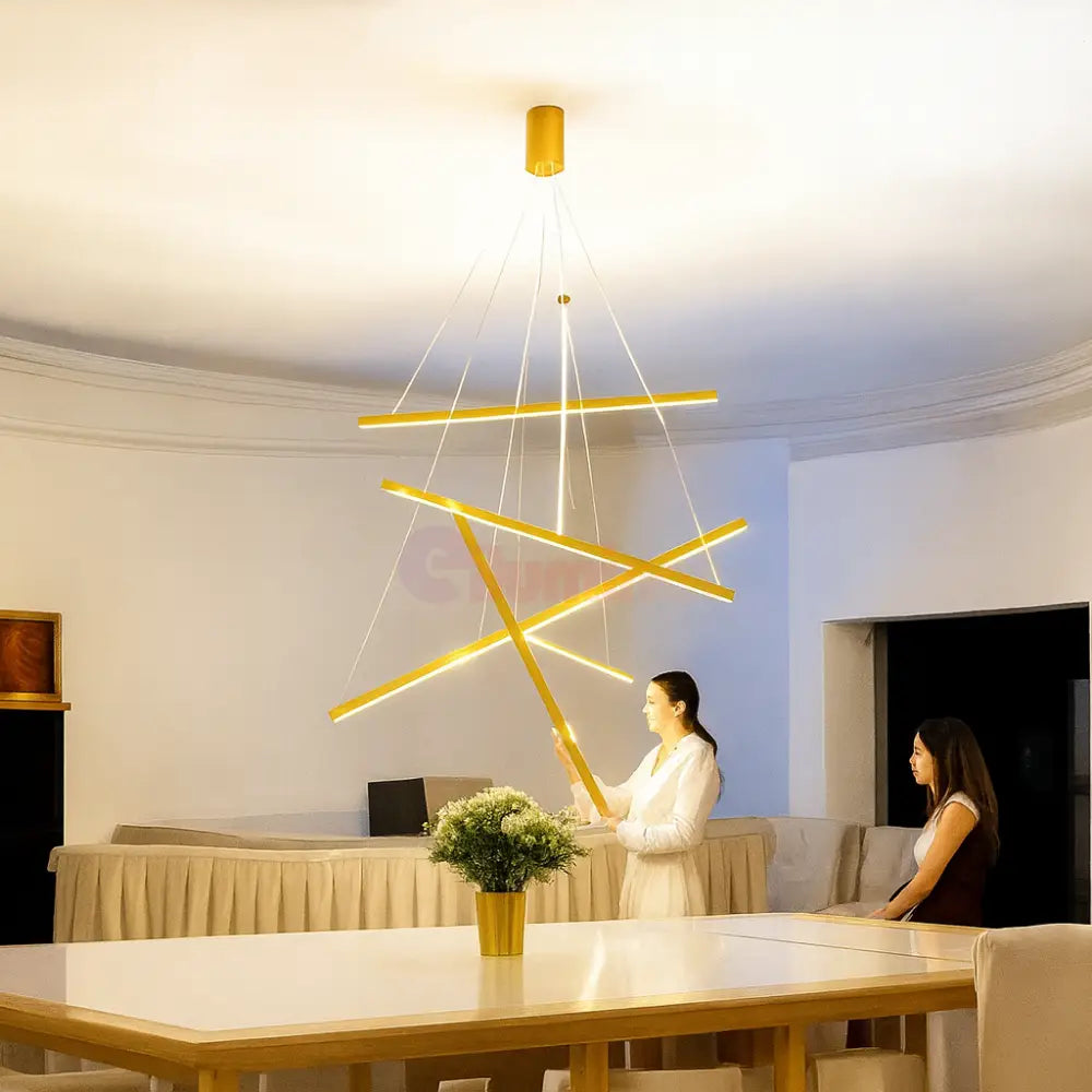 Lustra LED 5 Geometric GOLD Lines Suspendata Echivalent 500W AURIE / 90CM / SUSPENDATE Lighting Fixtures