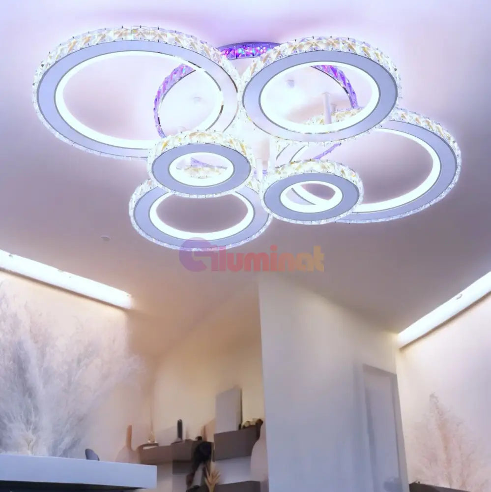 Lustra Led 6 Circle Cristal Alba Rgb Echivalent 800W Telecomanda Chandeliers Crystal