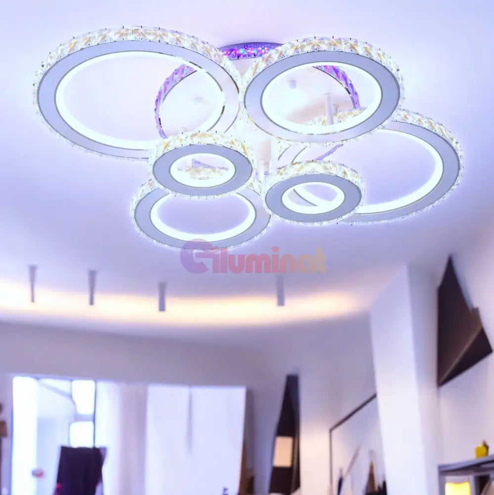 Lustra Led 6 Circle Cristal Alba Rgb Echivalent 800W Telecomanda Chandeliers Crystal