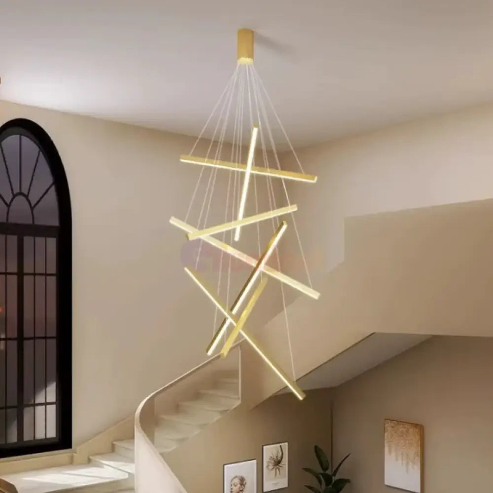 Lustra LED 7 Geometric GOLD Lines Suspendata Echivalent 800W 200CM AURIE / 200CM / SUSPENDATE Lighting Fixtures
