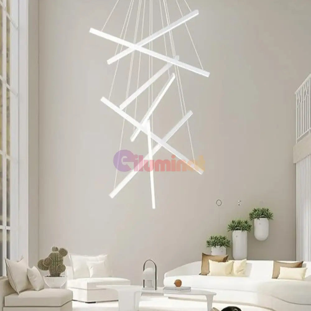 Lustra LED 7 Geometric WHITE Lines Suspendata Echivalent 800W 200CM ALBA / 200CM / SUSPENDATE Lighting Fixtures