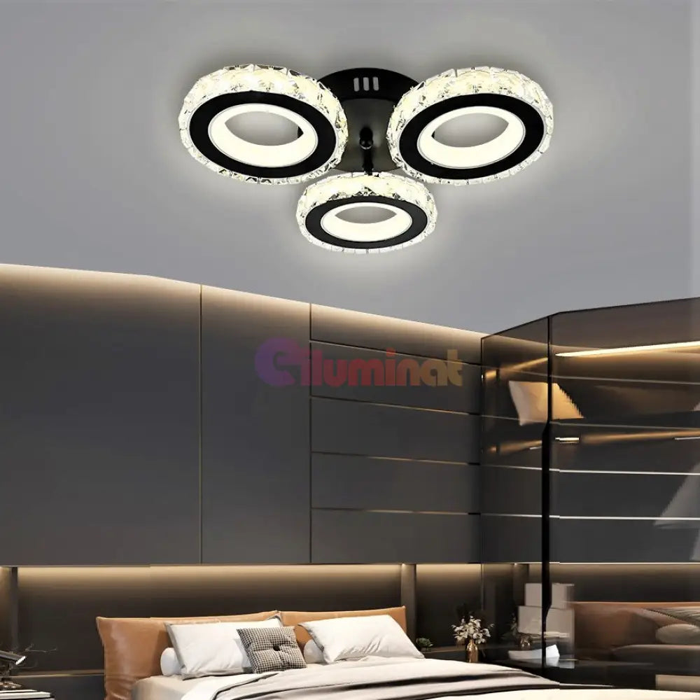 Lustra Led 72W 3 Circle Cristal Negru Telecomanda Lighting Fixtures